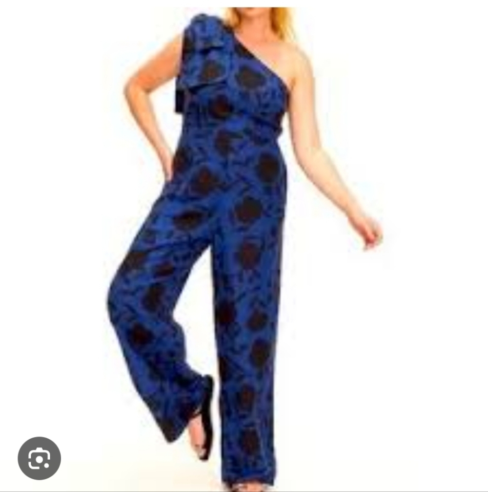 Kate Spade x Target Blue Black Floral Linen Blend One Shoulder Jumpsuit Palazzo